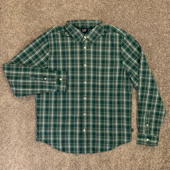 Gap Men's Long Sleeves Button Up Green Stretch Plaid Shirt Size M - NWT $49 - Picture 2 of 12